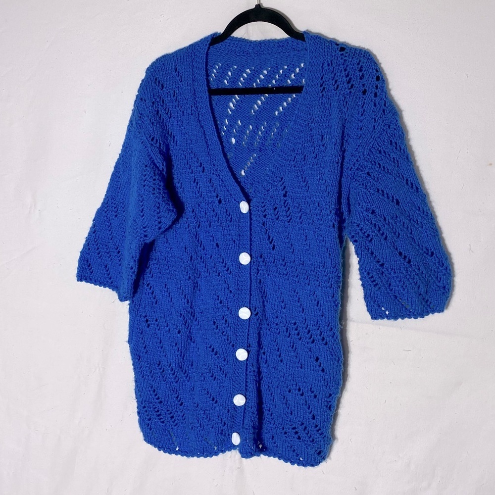 Vintage Blue Hand Knit Short Sleeve Button Up Cardigan Sweater L Cottagecore